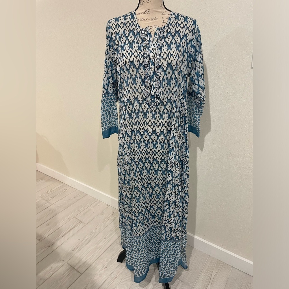 Debbie Katz South Beach Blue & White Casual Bishop Sleeve Tunic 100% Cotton EUC